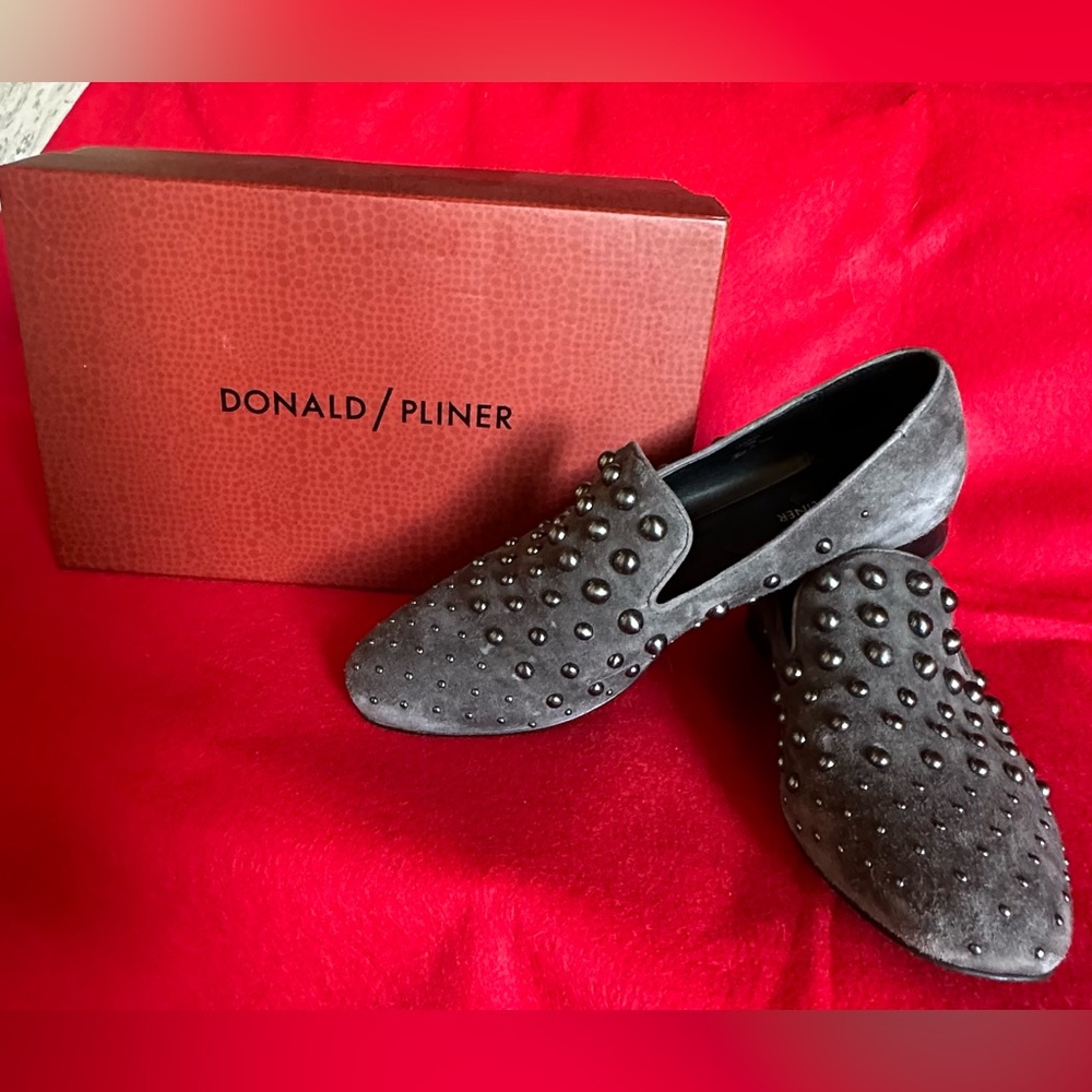 Donald Pliner (dark taupe) grey suede flat with studs.  Size 10.